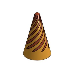 May include: A cone-shaped party hat with a swirling pattern of brown and gold stripes.