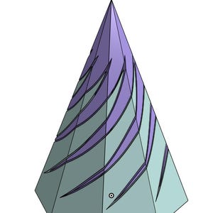 May include: A purple and green geometric pyramid with a swirling pattern. The pyramid has a pointed top and a hexagonal base.