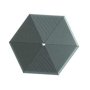 Puede incluir: Un objeto de metal de forma hexagonal con un patrón de círculos concéntricos. El objeto tiene un pequeño agujero en el centro.