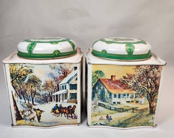 Vintage Tea Coffee Tins MSR Imports Hong Kong 4.75" Tall Country Living Scenes