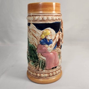 Vintage German Style Beer Mug Stein 7&quot; Woman with Guitar Mountain Houses Japan