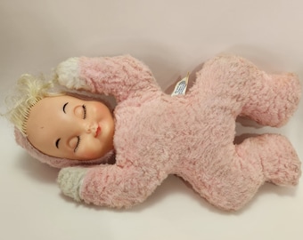 Vintage Rubber Face Pnk Baby Wind Up Musical 1950s 14" Stuffed Doll