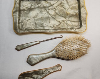 Vintage Bakelite Dresser Vanity Set Brush Shoe Horn Shoe Button Hook Tray Mother of Pearl