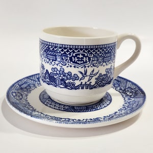 Vintage Tea Cup Saucer USA Porcelain White Blue Asian Chinese