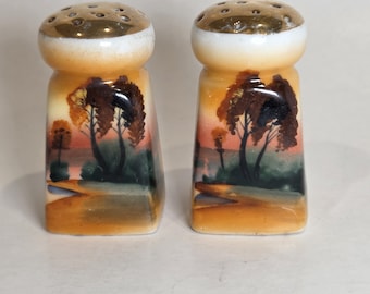 Vintage Salz- und Pfefferstreuer Landschaft 2,5 "Lusterware handbemalte Keramik Japan