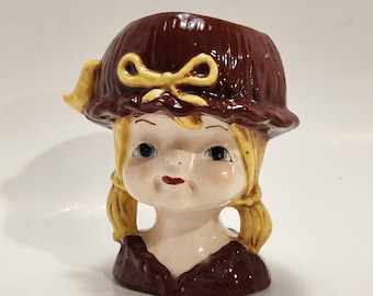 Vintage Lady Head Vase Blond Girl 1970s Brown Hat Ponytails 3.75" Art Pottery