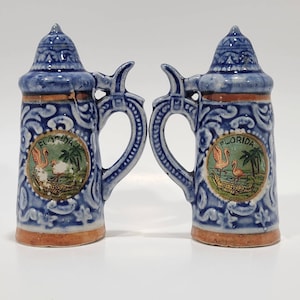 Vintage Salt Pepper Shakers German Stein FL Souvenir Stoppers 4.5&quot; Flamingos