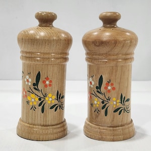 Vintage Salt Pepper Shakers Wood Spain Flowers Hand Painted Cork Stoppers 5&quot;