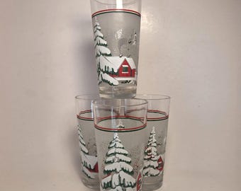 Vtg Winter Christmas Tumblers KIG Indonesia 6" Frosted Drinking Glasses Set of 4