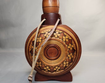Vintage Wooden Decanter Canteen Hand Carved Round Geometric with Strap 9" Tall
