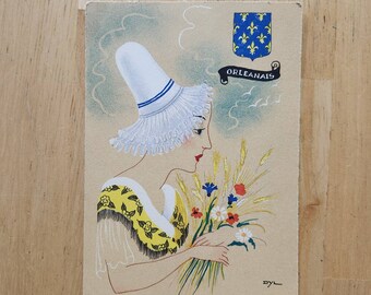 1940s Postcard Orleanais France Artwork Print Woman with Bonnet Unposted 8