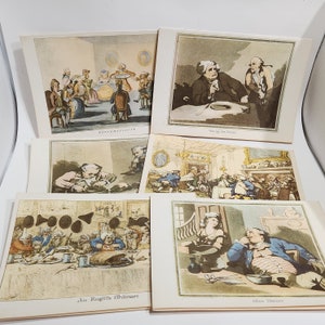 May include: A set of five antique prints depicting scenes of people dining in a restaurant. The prints are in black and white with hand-painted color accents. The prints are titled "Conversation", "Waiting for Dinner", "An English Ordinary", "After Dinner", and "Conversation".