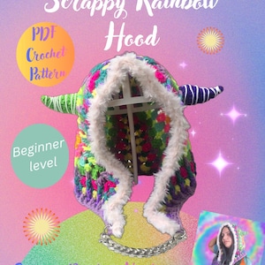 May include: A colorful, crocheted hood with a rainbow pattern, white faux fur trim, and horn-like accents. The text "Scrappy Rainbow Hood" and "PDF Crochet Pattern" are visible. The design is labeled as "Beginner level".