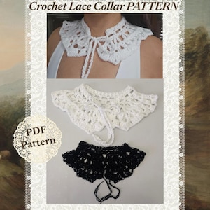 May include: A white crochet lace collar with a tie closure, shown worn and laid flat, alongside a black crochet lace collar with a tie closure. The image includes the text Crochet Lace Collar PATTERN and PDF Pattern.