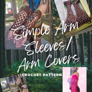 May include: Crochet pattern for simple arm sleeves or arm covers. The pattern includes instructions for both bell sleeves and slim sleeves. The image shows a woman wearing brown crochet arm sleeves and a pink crochet arm sleeve.