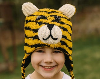 Handmade Wool Tiger Hat: Fleece Lined Winter Cap, Nepal