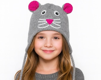 Hand-Knitted Wool Kitty Pink Hat: Fleece Lined Winter