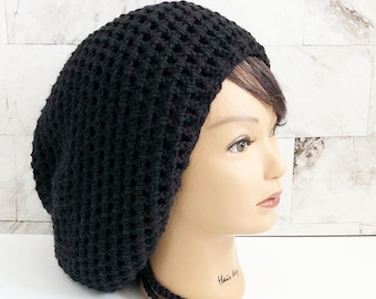 Crochet Locsock, Slouchy Tam for Dreadlock Rasta,  Black Hat, Bohemian Loc Beanie, Braids Cap, Natural Hair Protection | Gift for Women
