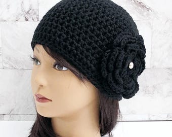 Handmade 1920s Crochet Cloche Hat, Flapper Style with Flower Accent, Vintage Jazz Era  Retro Beanie, Cozy Winter Fashion Women Lady Gift