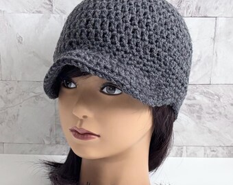 Crochet Newsboy Hat for Winter, Brimmed Beanie, Slouchy Vintage Cap