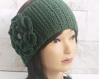 Crochet Headband Ear Warmer, Floral Winter Headwrap, Handmade Headband with Flower Accent Women Wife Teen Gift, Stretchy Crochet Hair Band