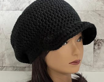 Crochet Newsboy Hat, Brimmed Slouchy Beanie, Vintage Style Cap