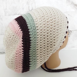 Slouchy Crochet Rasta Tam, Striped Beanie for Locs, Handmade Dreadlock Hat with Ties, Boho Chic Crochet Cap, Crochet Rasta Beanie for Locs