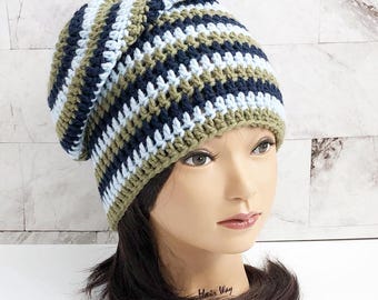 Handmade Striped Crochet Slouchy Beanie, Acrylic Winter Hat