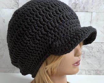 Crochet Newsboy Hat, Brimmed Beanie, Vintage Style Slouchy Cap