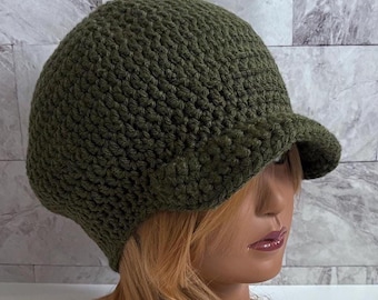 Crochet Newsboy Hat, Brimmed Slouchy Beanie, Vintage Style Cap