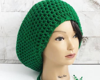 Crochet Dreadlock Slouchy Tam, Kelly Green Locsock, Rasta Beanie