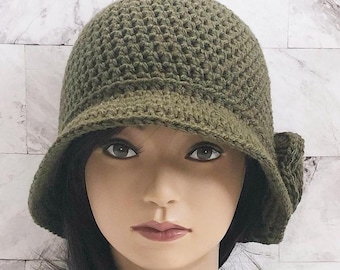 Handmade Crochet Cloche Hat, Olive Green Flapper Style Beanie
