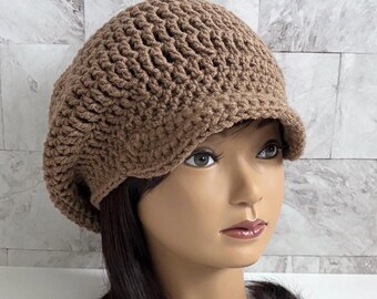 Crochet Newsboy Hat, Brimmed Beanie, Vintage Style Slouchy Cap