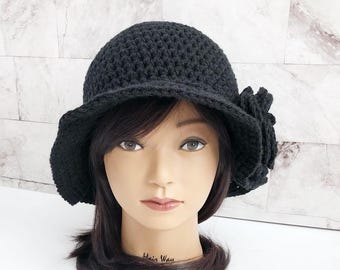 1920s-Inspired Crochet Flapper Cloche Hat, Vintage Style Jazz Era Bucket Hat, Handmade Retro Warm Hat, Classic Winter Look Women Gift