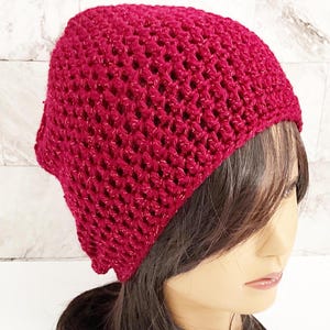 Crochet Beanie | Handmade Slouchy Crochet Cap: Soft, Cozy, Casual | Lightweight, Stylish, Relaxed Fit | Versatile Winter Hat | Sparkly Red