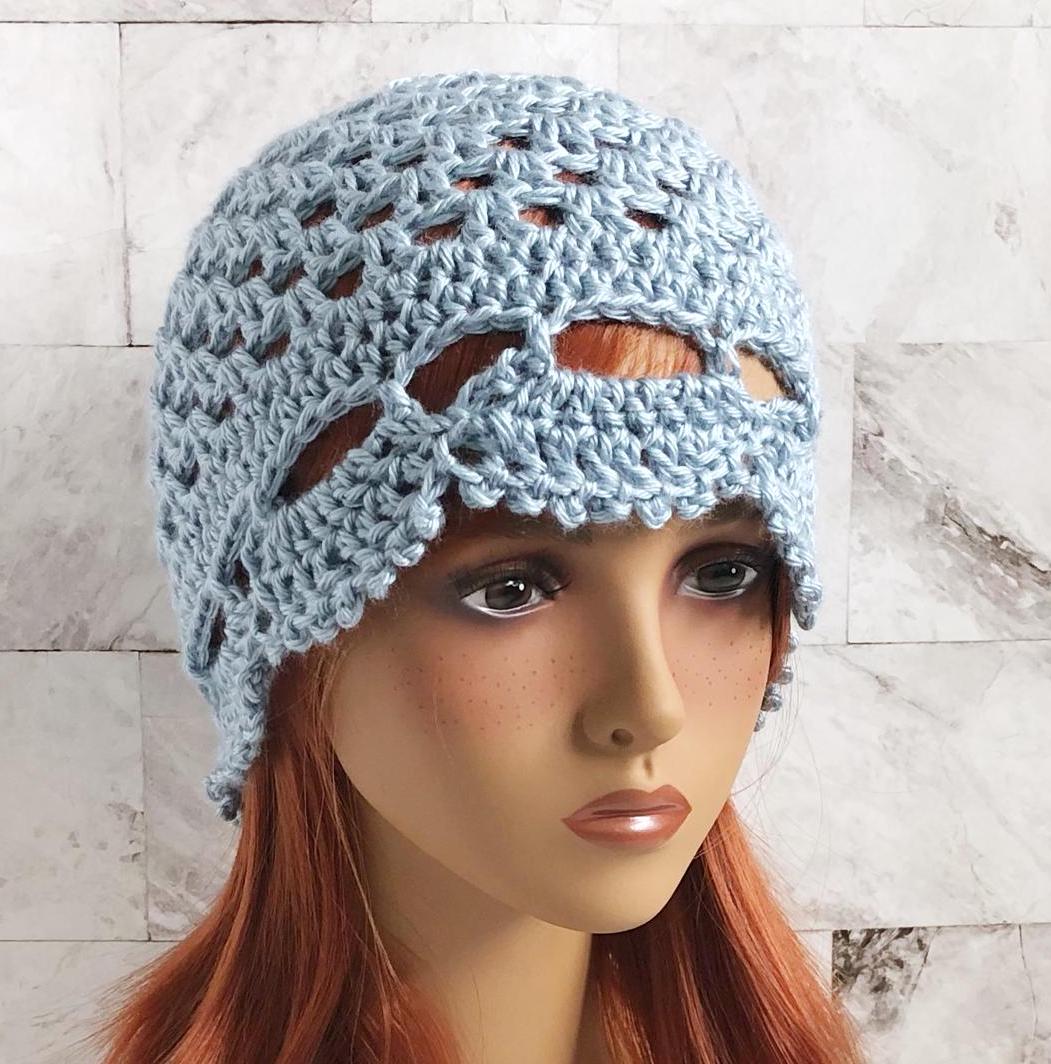 Created by Cyd Juliet Blue Crochet Beanie Open Knit Scalloped Edge Women Hat NEW Scalloped Juliet Cap knitting pattern for chemo hat main image 2