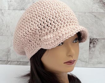 Crochet Newsboy Hat, Brimmed Slouchy Beanie, Vintage Style Cap