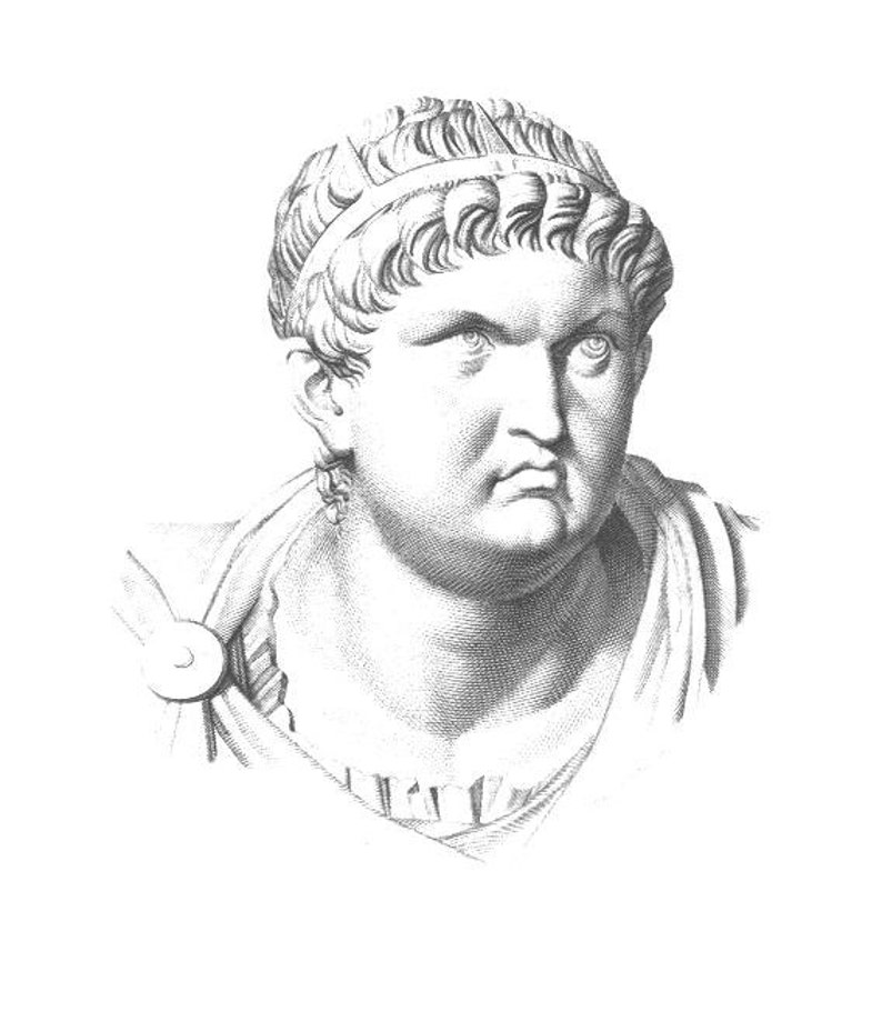 May include: A black and white line drawing of a Roman emperor wearing a crown and a toga.