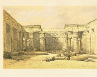 MEDINET ABOU Temple Christian Church Egyptian Ruins ~ David Roberts 1856 Holy Land Lithograph Vintage Antique Art Print  [Inv# drF186