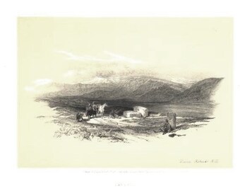 May include: A black and white drawing of a landscape with mountains in the background and a group of people on horseback in the foreground. The drawing is titled "The Travellers in the Wilderness" and is signed "David Roberts R.A."
