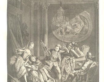 May include: A black and white engraving depicting a scene of a group of people playing music in a room. A woman in a dress stands to the left, a man in a suit plays a violin, and another woman sits on a chair. A man in a suit sits at a piano in the background.