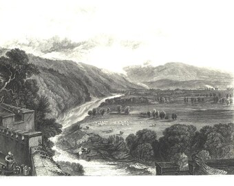 May include: A black and white engraving depicting a valley with a river winding through it. The valley is surrounded by hills and mountains, and there are trees and fields in the foreground. The engraving is dated 1837.