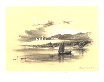 TEMPLE A'MADA HASSAIA Nubia Maritime boat Egyptian Ruins ~ David Roberts 1856 Holy Land Lithograph Vintage Antique Art Print  [Inv# drF187