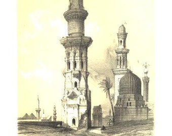 MOSQUES in DESERT WEST of Citadel Cairo Egypt Egyptian  ~ David Roberts 1856 Holy Land Lithograph Vintage Antique Art Print  [Inv# drF219