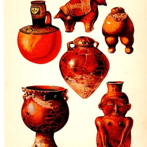 May include: Six pieces of pottery from Colombia, including a large, round, orange pot with a smaller, black pot on top, a tall, red, cracked pot with two handles, a small, orange, human-shaped pot, a small, orange, animal-shaped pot, and a small, orange, round pot with a base.