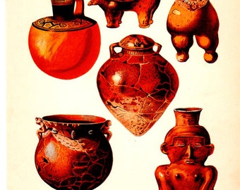 PRE COLUMBIAN indische Keramik Archäologie Südamerika Archäologie Mesoamerica Vintage Art Antique Art Print Chromolitho [Inv-Inca 31