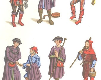 COURT JESTER Keys Locksmith COSTUMES~ Medieval and Renaissance Full Color Chromolithograph Vintage 1800s Antique Art Print  [Inv# SomP #58