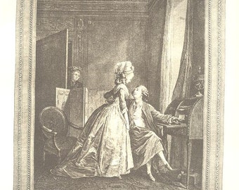French Woman WRITING DESK Romance ~ Costumes & Boudoir 1910s Copper Plate Engraving Antique Art Print Vintage Versailles [Inv#31