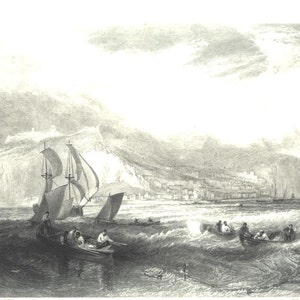 HASTINGS ENGLAND Fishing BOATS Victorian era William Joseph Turner Antique Steel Plate Engraving Art Print 1800s [Inv#turner 43