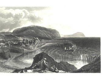 May include: A black and white engraving of a coastal town with a harbor and a mountain in the background. Two figures are sitting on a rocky outcropping in the foreground.
